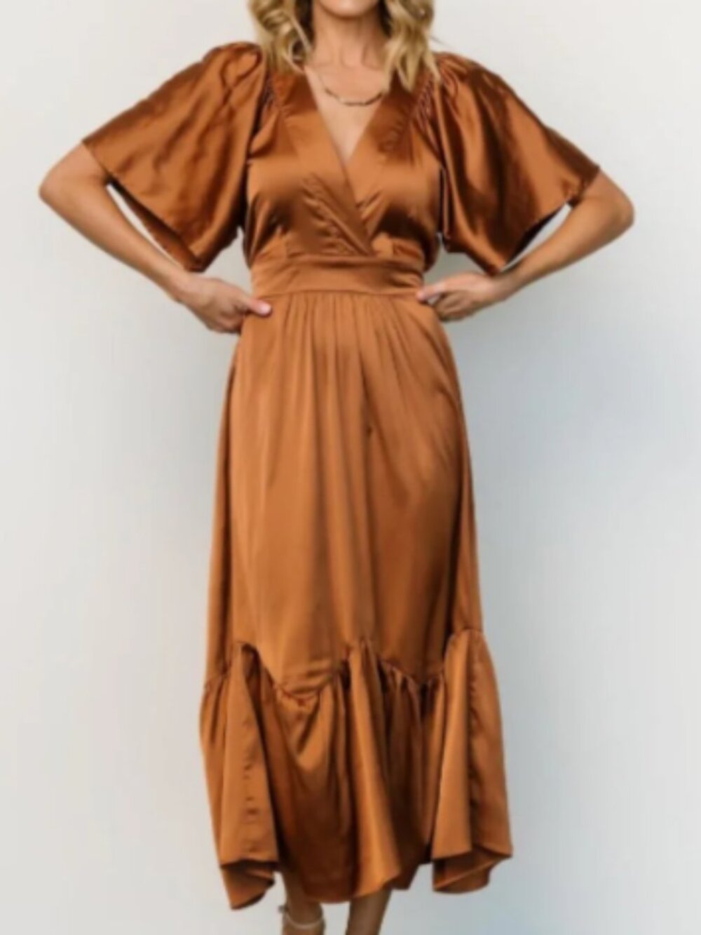 Baltic Born Pasadena Copper Satin Tiered Ruffle Hem Midi Dress Size L - Picture 6 of 7